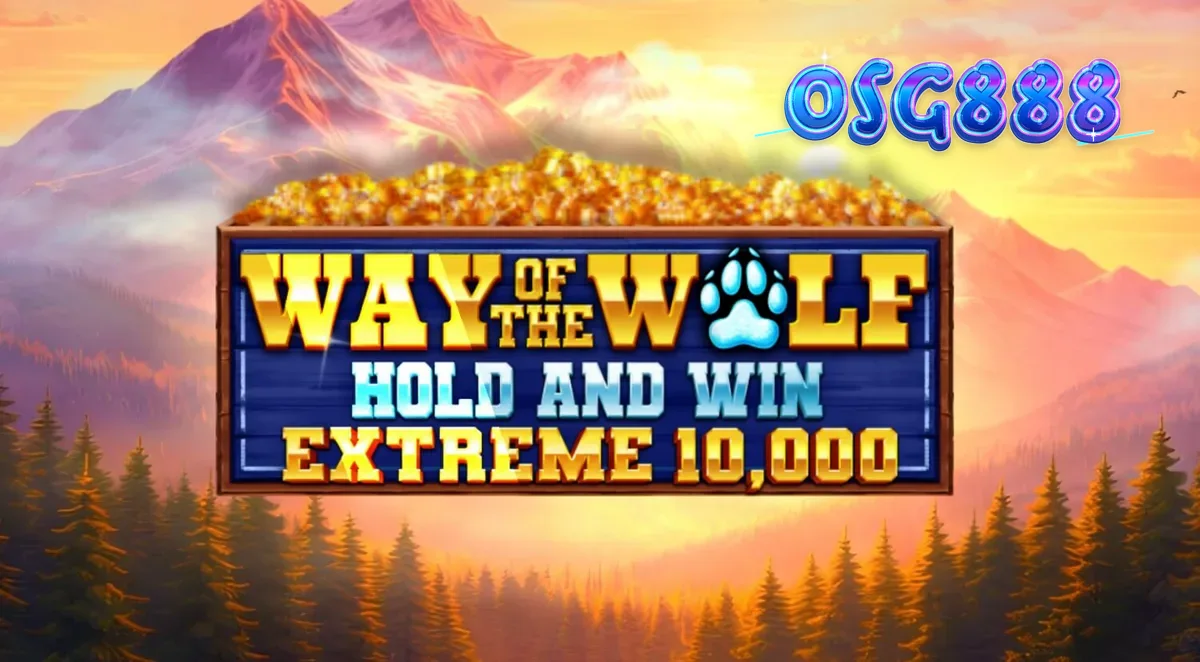 Tampilan visual slot Way of the Wolf Hold and Win Extreme 10,000 dengan tema serigala dan hutan malam